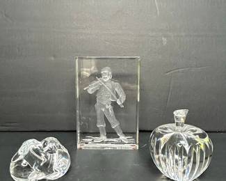 Waterford & Steuben Crystal Figurines: Musician, Reclining Figure, and Apple