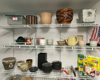 Assorted Ceramic and Wicker Planters, Watering Can, and Garden Tools
