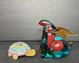 Murano Style Glass Rabbit Figurine with Millefiori Turtle Figurine