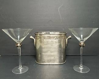 Pottery Barn Silver Plated Ice Bucket and Martini Glasses