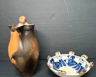 Figural Ceramic Vase and Hand-Painted Folk Art Bowl