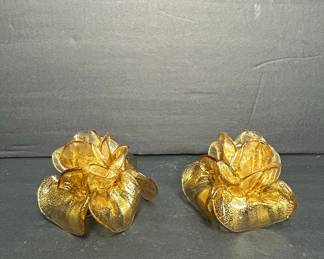 Gold-Tone Glass Rose Candleholders Signed