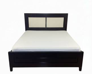 Dark Wood Platform Bed Frame with Upholstered Headboard
