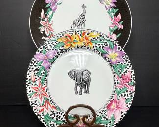 Fitz and Floyd "Fleurs Safari" Giraffe and Elephant Collector's Series Plates