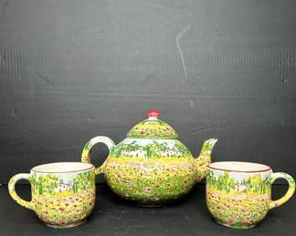 Hand-Painted Ceramic Teapot and Two Mugs