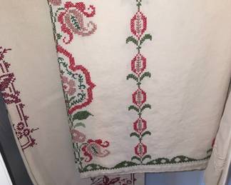 Vintage Hand-Embroidered Linen Tablecloth with Folk Art Motifs