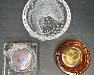 Koi Fish Ashtray, American University Ashtray, and Amber Glass Logo Ashtray