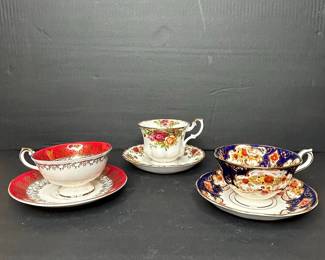 Royal Albert Old Country Roses, Queen's China Monarch, and Royal Albert Heirloom Teacup and Saucer Sets