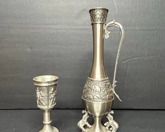 Pewter Ewer and Goblet with Relief Scenes
