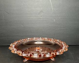 Anchor Hocking Pink Depression Glass Footed Bowl - Open Lace Pattern