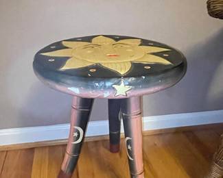 Hand-Painted Celestial Sun and Moon Motif Stool