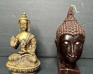Brass Buddha Figurine and Brown Wax Buddha Head Candle