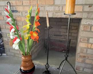Two-Toned Ceramic Vase and Metal Candelabra