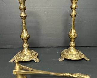 Ornate Brass Candlesticks and Snuffer Set, Wainburg