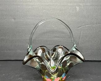 Mackenzie Childs Glass Basket with Polka Dots and Floral Motif