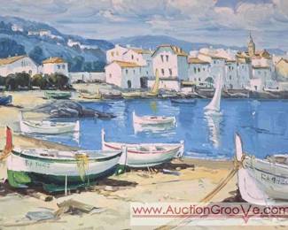 Original Harbor Scene in Cadaques Spain Painting by Camps Ribera
