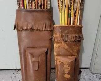 2 Vintage Leather Quivers w arrows