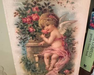 Moonlit Rose Cherub Lithograph on Wood Panel by Maria Grazia