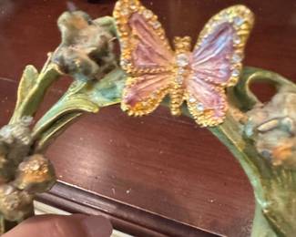Ornate Gilded Metal Wreath Picture Frame with Jeweled Butterfly and Bow