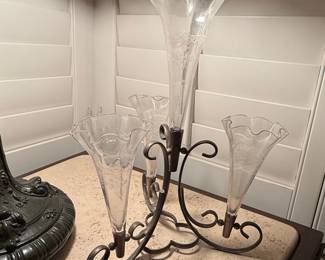 Victorian EAPG Glass Trumpet Vase Epergne with Metal Stand