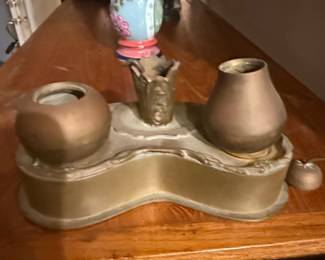 Mottahedeh Design Brass Inkwell Set with Apple and Pear Finials