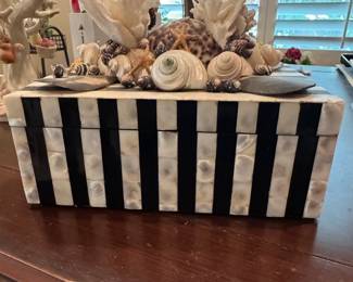 Shell Tiques "Will Ship" Black and White Striped Seashell & Coral Decorative Box