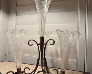 Victorian EAPG Glass Trumpet Vase Epergne with Metal Stand