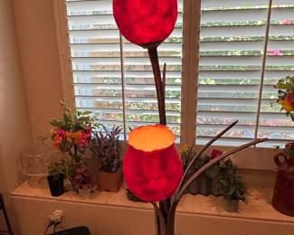Red Tulip Form Table Lamp with River Stone Base