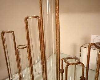 Set of 9 Assorted Height Glass Test Tube Bud Vases with Gold-Tone Metal Holders