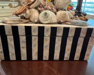 Shell Tiques "Will Ship" Black and White Striped Seashell & Coral Decorative Box