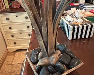 Red Tulip Form Table Lamp with River Stone Base