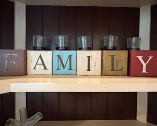 Wooden Block "FAMILY" Sign with Textured Glass Votives