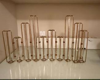Set of 9 Assorted Height Glass Test Tube Bud Vases with Gold-Tone Metal Holders