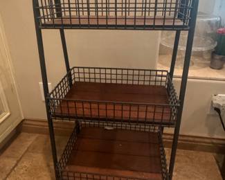 Industrial Style 3-Tier Wire Basket Shelf Unit with Wood Shelves