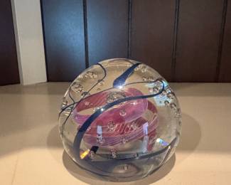 Glass Paperweight with Swirl and Bubble Design