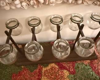 Set of 6 Glass Bulb Vases on Wooden Stand
