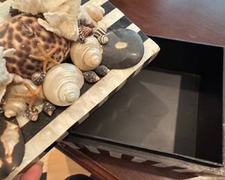 Shell Tiques "Will Ship" Black and White Striped Seashell & Coral Decorative Box