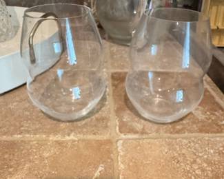 Set of 2 Hand-Blown Glass Pitchers with Metal Handles