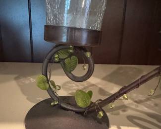 Wrought Iron Vine and Leaf Candelabra with Crackle Glass Votive Holders