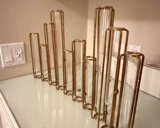 Set of 9 Assorted Height Glass Test Tube Bud Vases with Gold-Tone Metal Holders