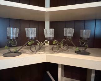 Wrought Iron Vine and Leaf Candelabra with Crackle Glass Votive Holders