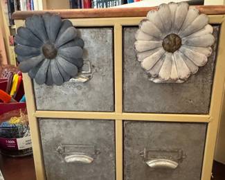 4-Drawer Galvanized Metal Cabinet with Flower Embellishments