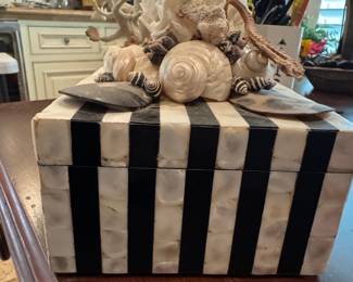 Shell Tiques "Will Ship" Black and White Striped Seashell & Coral Decorative Box
