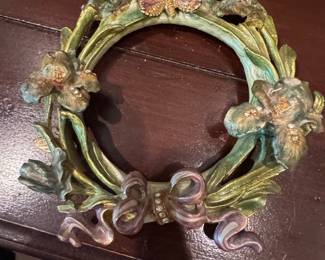 Ornate Gilded Metal Wreath Picture Frame with Jeweled Butterfly and Bow