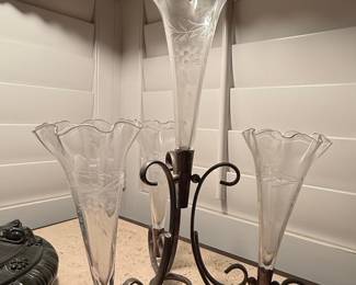Victorian EAPG Glass Trumpet Vase Epergne with Metal Stand