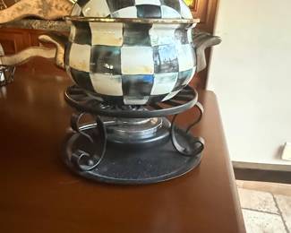 Mackenzie-Childs Courtly Check Enamel Fondue Set with Fish Burner Stand