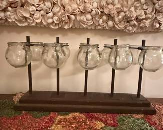 Set of 6 Glass Bulb Vases on Wooden Stand