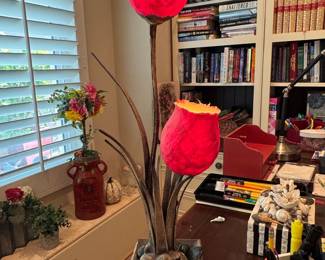 Red Tulip Form Table Lamp with River Stone Base