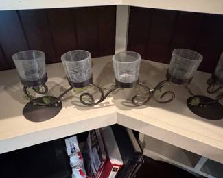 Wrought Iron Vine and Leaf Candelabra with Crackle Glass Votive Holders