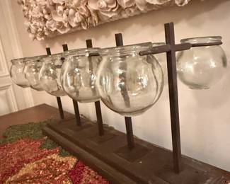 Set of 6 Glass Bulb Vases on Wooden Stand